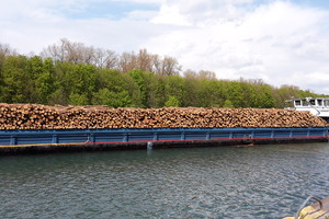 En ook via de waterweg komt hout naar onze klanten / Und auch auf dem Wasserweg liefern wir Holz an unsere Kunden.